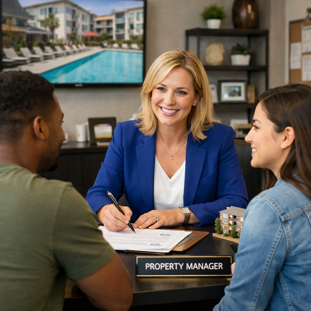 Apartment Property Manager with Residents at Desk-1